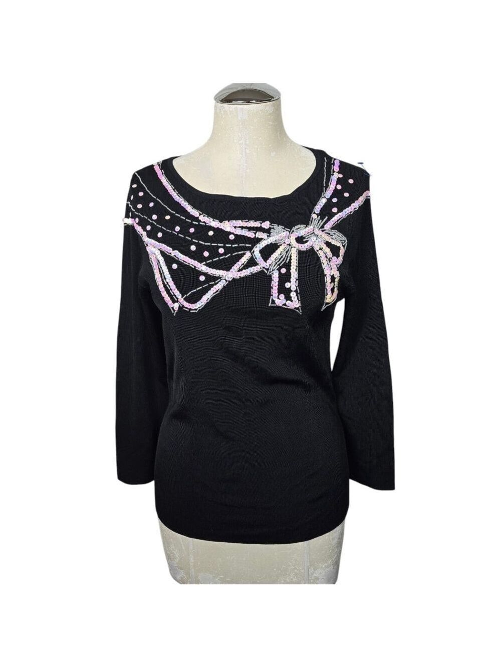 Lucia Burns Sequins Beaded White Pink Black Long Sleeves Vintage Top M